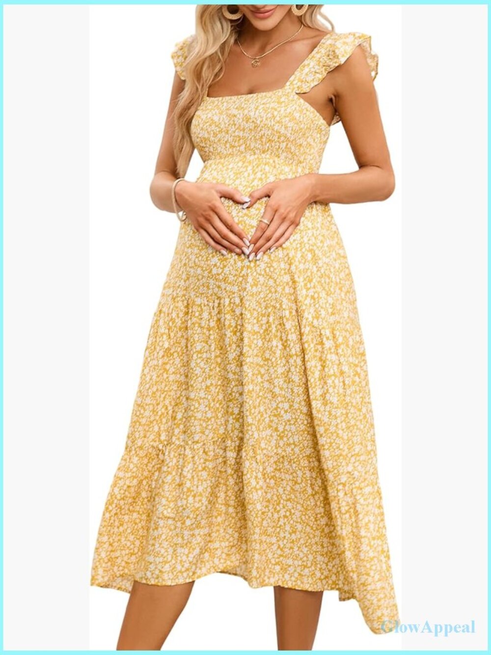 Maternity Midi Dress Square Neck Ruffle Strap Smocked High Waist Summer
